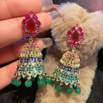Ethnic Multicolored Rhinestone Wind Bell CZ Jhumka Earrings