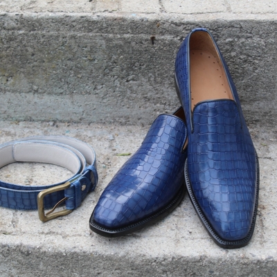 Crafted leather classic loafer blue crocodile leather texure dress shoes with matching belt - Thumbnail 5