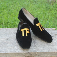 Crafted Leather New Handmade Men's Black Velvet Loafer Slip On Shoes - Thumbnail 1