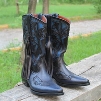 Crafted Leather New Classic Fringes Design Ankle Cowboy Boot - Thumbnail 1