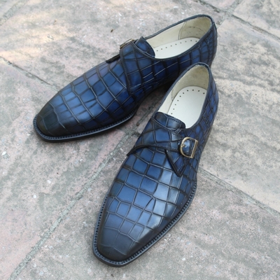 Crafted leather blue black patina monk strap crocodile texture leather mens dress shoes handmade