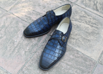 Crafted Leather Blue Black Patina Monk Strap Crocodile Texture Leather Mens Dress Shoes Handmade 