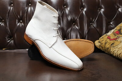 Crafted Leather Handmade White Leather Ankle High Lace up Boots
