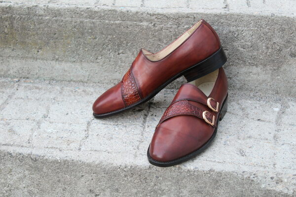 Crafted Leather Unique Men Classic Brown Patina Leather Monk Single Crocodile Strap Party Wear Shoes
