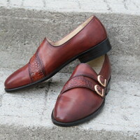 Crafted Leather Unique Men Classic Brown Patina Leather Monk Single Crocodile Strap Party Wear Shoes - Thumbnail 1
