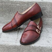 Crafted Leather Unique Men Classic Brown Patina Leather Monk Single Crocodile Strap Party Wear Shoes - Thumbnail 2