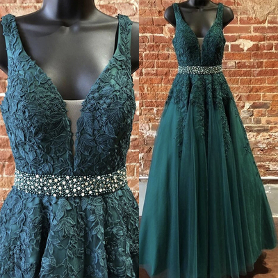 V neck long prom dress formal dress deep green  - Thumbnail 1