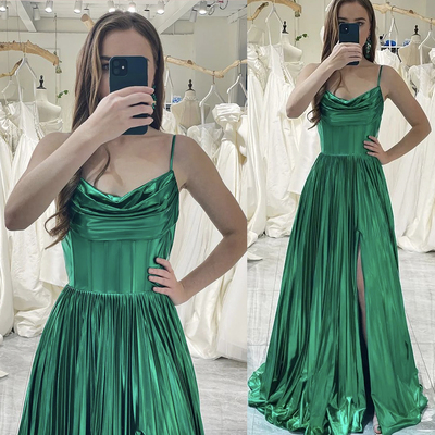 Green Corset Prom Dress with Slit Side A-line Spaghetti Straps 