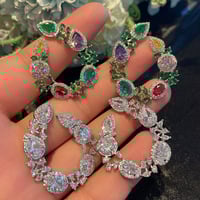 Sparkly Diamond Cluster Stud Pear Shape Earrings Crystal Silver Circle Hair Jewelry - Thumbnail 1