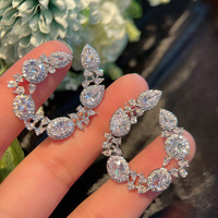 Sparkly Diamond Cluster Stud Pear Shape Earrings Crystal Silver Circle Hair Jewelry - Thumbnail 4