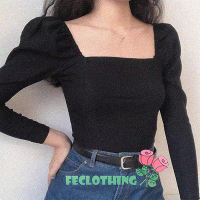 (NO REFUND AND EXCHANGE)Puff sleeve long sleeve square neck top black all-match bottoming shirt tight T-shirt
