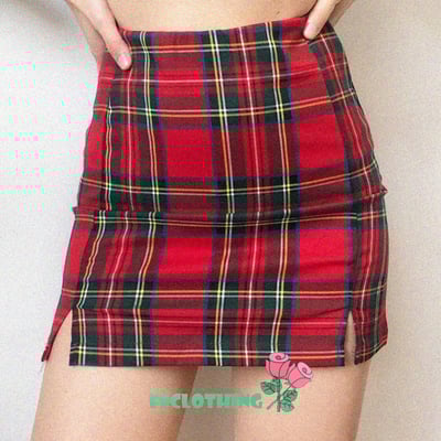 (no refund and exchange)high waist colorblock plaid double slit skirt