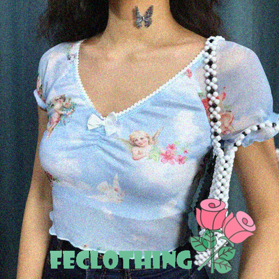 (no refund and exchange)v-neck puff sleeve wooden ear umbilical bottoming shirt t-shirtck mesh vest