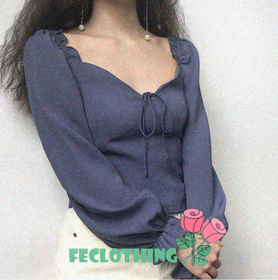 (NO REFUND AND EXCHANGE) Retro style square neck bow western style small shirt lantern long sleeve short shirt top from FE CLOTHING