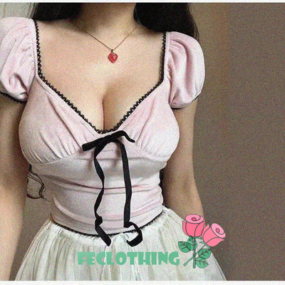 Sexy V-neck contrasting bow tie lace T-shirt