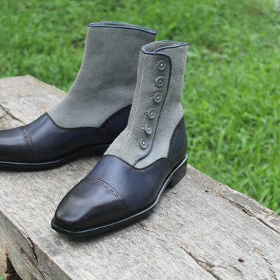  crafted leather classic handmade blue leather & gray suede button dress boots, men ankle high fashion boot - Thumbnail 5