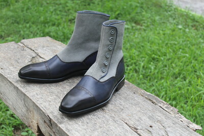  Crafted Leather Classic Handmade Blue Leather & Gray Suede Button Dress Boots, Men Ankle High Fashion Boot