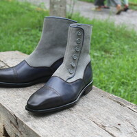  Crafted Leather Classic Handmade Blue Leather & Gray Suede Button Dress Boots, Men Ankle High Fashion Boot - Thumbnail 1