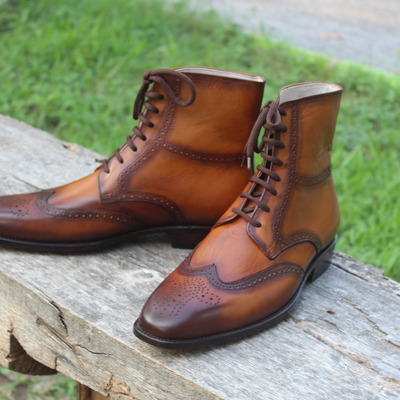 Crafted leather mens brown leather ankle high wingtip lace up boot - Thumbnail 5