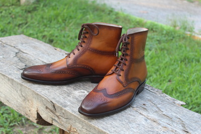 Crafted Leather Mens Brown Leather Ankle High Wingtip Lace up Boot