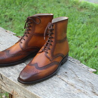 Crafted Leather Mens Brown Leather Ankle High Wingtip Lace up Boot - Thumbnail 1