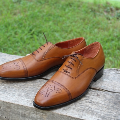 Crafted leather men handmade classic brown leather oxford formal dress shoes - Thumbnail 5