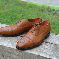 Crafted Leather Men Handmade Classic Brown Leather Oxford Formal Dress Shoes - Thumbnail 3