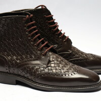 Crafted Leather Handmade Mens Dark Brown Woven Leather Ankle High Lace up Wingtip Boot - Thumbnail 2