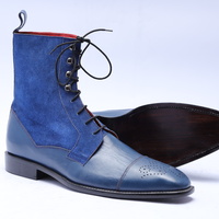  Crafted Leather Men Blue Suede Leather Ankle High Lace up Boot - Thumbnail 1