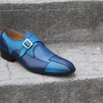Crafted leather mens blue leather monk strap formal dress shoes handmade  - Thumbnail 5