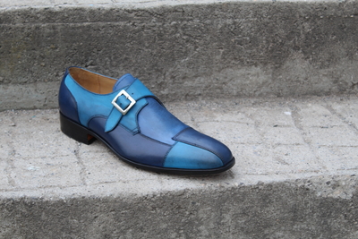 Crafted Leather Mens Blue Leather Monk Strap Formal Dress Shoes Handmade 
