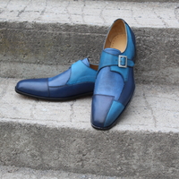 Crafted Leather Mens Blue Leather Monk Strap Formal Dress Shoes Handmade  - Thumbnail 2