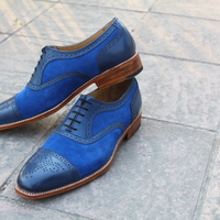 Crafted Leather Handmade Men Blue Leather and Suede Contrast Oxford Dress Lace up Formal Shoes - Thumbnail 2