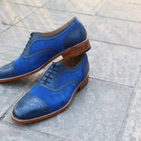 Crafted Leather Handmade Men Blue Leather and Suede Contrast Oxford Dress Lace up Formal Shoes - Thumbnail 5