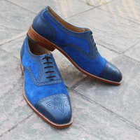 Crafted Leather Handmade Men Blue Leather and Suede Contrast Oxford Dress Lace up Formal Shoes - Thumbnail 3