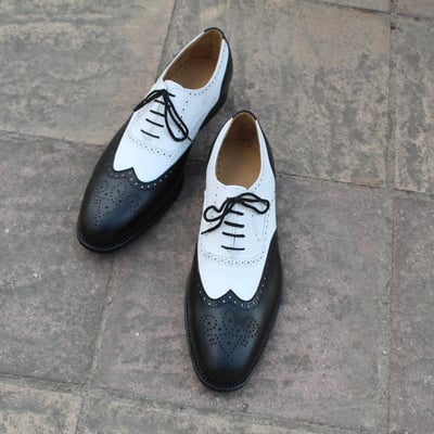 Crafted leather handmade men black white leather wingtip dress shoes - Thumbnail 5
