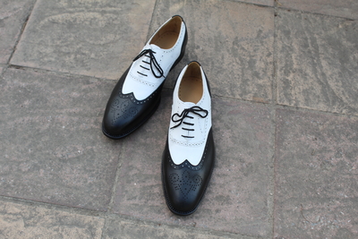 Crafted Leather Handmade Men Black White Leather Wingtip Dress Shoes