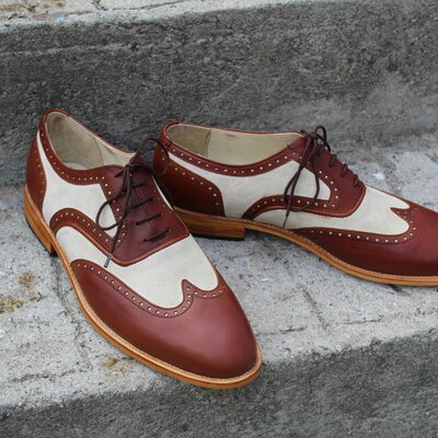 Crafted leather handmade mens classic brown beige oxford wingtip dress shoes - Thumbnail 5