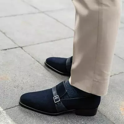 Handmade navy blue oxfords suede monk shoes, men blue suede dress shoes