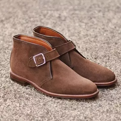 Handmade bespoke elegant brown suede buckle ankle high shoes for men
