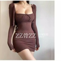 Bowknot waist suspender skirt + long-sleeved short cardigan - Thumbnail 6