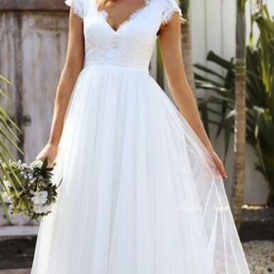 Vintage a line v neck ankle length beach wedding dress with cap sleeves