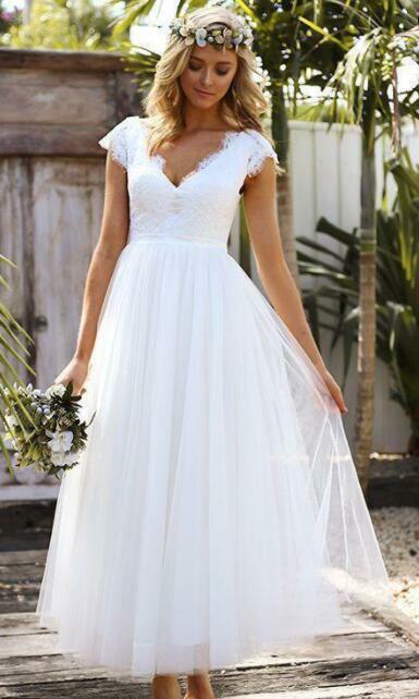 Vintage A Line V Neck Ankle Length Beach Wedding Dress With Cap Sleeves