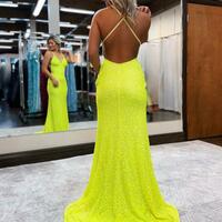 Mermaid Sparkly V Neck Sequins Backless Long Prom Dresses - Thumbnail 1