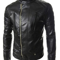Men Leather Jacket Coat Motorcycle Biker Slim Fit Outwear Jackets - Thumbnail 1