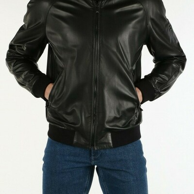 Mens genuine lambskin black leather jacket bomber