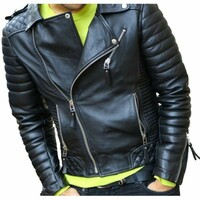 Men's Genuine Lambskin Black Leather Motorcycle Jacket Biker Slim Fit Jacket - Thumbnail 1