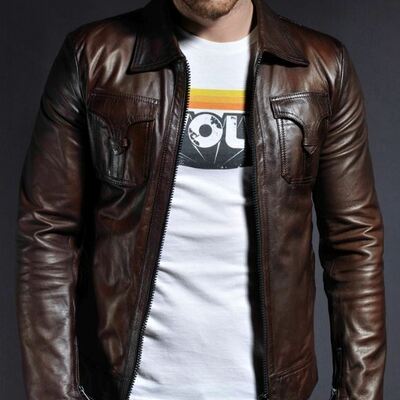 Stylish brand new men’s genuine leather jacket brown slim fit biker jacket