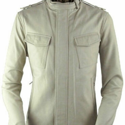 Men's leather jacket genuine lambskin leather white front pockets bikers jacket