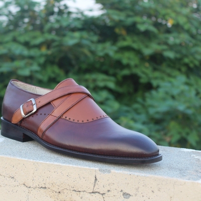 Crafted leather classic tan brown leather cross buckle monk strap dress shoes - Thumbnail 4